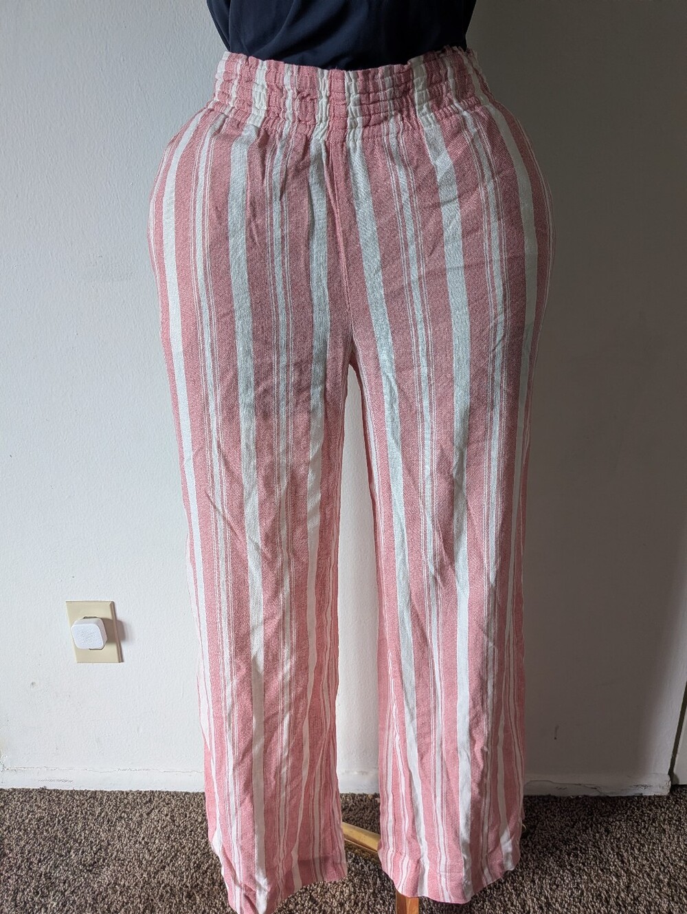 A New Day Striped Linen Wide-Leg Pull-On Pants Red White Medium Long